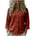 thumbnail image 1 of SYMOID Rust Red V Neck Top for Women Linen Cotton Blouse 3/4 Sleeve Lace Trim Button Down Shirt Relaxed Fit,Size L, 1 of 5