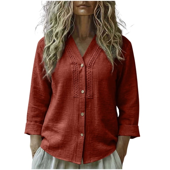 SYMOID Rust Red V Neck Top for Women Linen Cotton Blouse 3/4 Sleeve Lace Trim Button Down Shirt Relaxed Fit,Size L