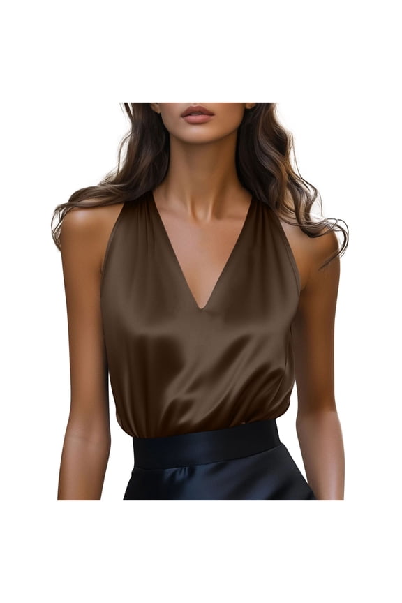 Satin Halter Top for Women | Sleeveless V-Neck Blouse for Wedding, Party, Night Out | Plus Size Brown Satin Shirt,Size M