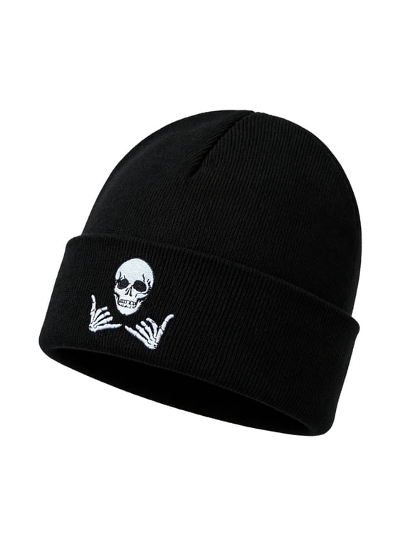 Skull Embroidered Cuffed Knit Beanie Warm Stretchy Winter Hat for Men Women Hats,Size Free Size