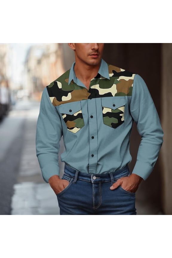 Sky Blue Camo Mens Long Sleeve Button Down Shirt - Polyester Spandex Blend, Chest Pockets, Wrinkle-Resistant for Casual & Outdoor Activities,Size 2XL