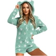 thumbnail image 1 of SYMOID Soft Fleece-Like Womens Green Hooded Romper - Paw Print Pattern, Long Sleeve Short Bottom, Full Front Zipper for Home Loungewear/Sleepwear,Size L, 1 of 5
