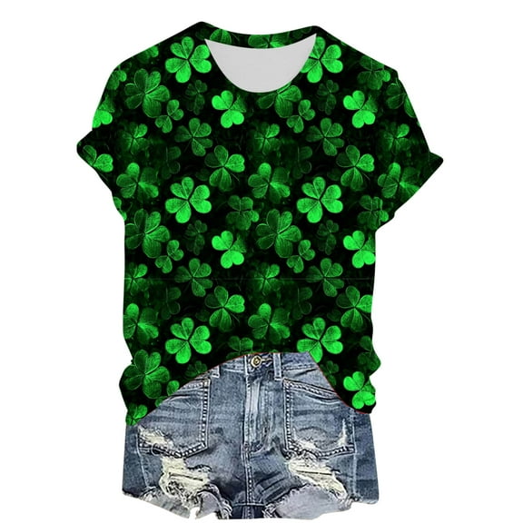 SYMOID St. Patrick's Day Festive Top Shirts for Juniors Women Green Shamrock Graphic Girls Tee Shirts,Short Sleeve,Crew Neck,Green,Size L