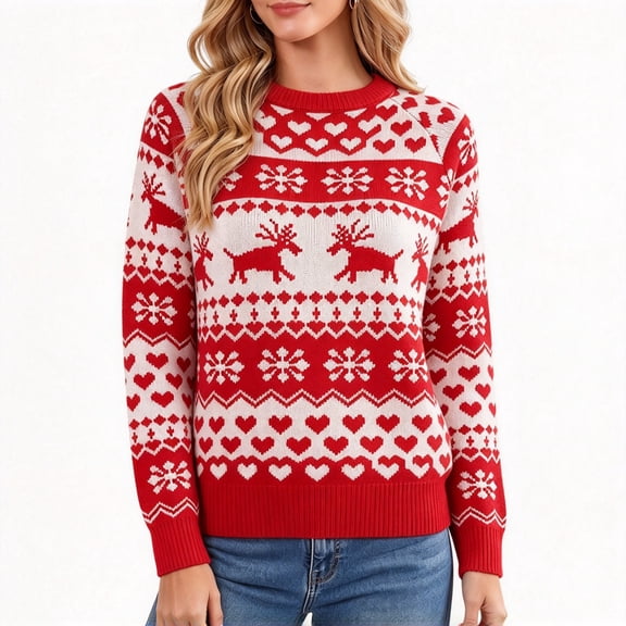 SYMOID Sweaters for Women Christmas Crewneck Long Sleeve Reindeer Snowflake Jacquard Knit Pullover Red Holiday Tops,Size M