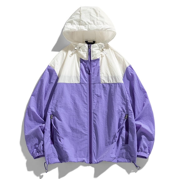 SYMOID UPF 50+ Sun Protection Jacket Women Color Block Hooded Windbreaker Lightweight Breathable Loose Fit with Pockets Purple,Size L