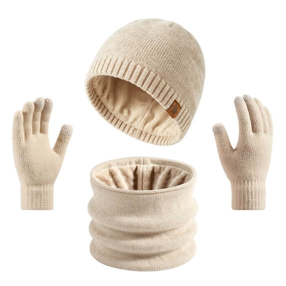 SYMOID Unisex 100% Wool Winter Beanie Hat Neck Gaiter Touchscreen Gloves 3-Piece Set,Size Free Size