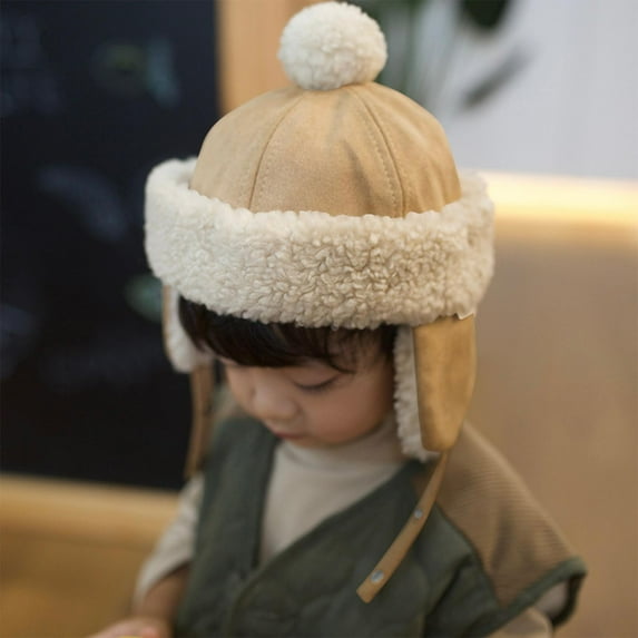 SYMOID Unisex 6 Month Old Kids Warm Winter Hat - Khaki Faux Shearling Trapper Hat with Adjustable Ear Flaps & Pom Pom, Kids Cold Weather Hat,Size 6 Months