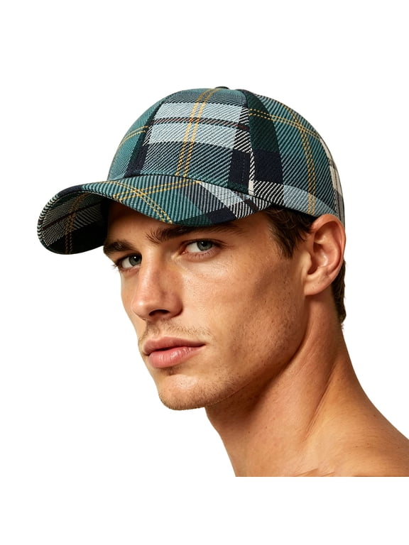 Unisex Adjustable Cotton Green Tartan Plaid Baseball Cap for Men Women, Casual Curved Brim Hat for Daily Wear Hats,Size Free Size