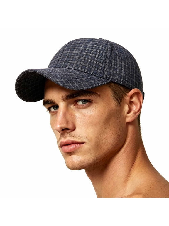 Unisex Blue Plaid Cotton Baseball Cap with Adjustable Strap, Casual Outdoor Hats,Size Free Size