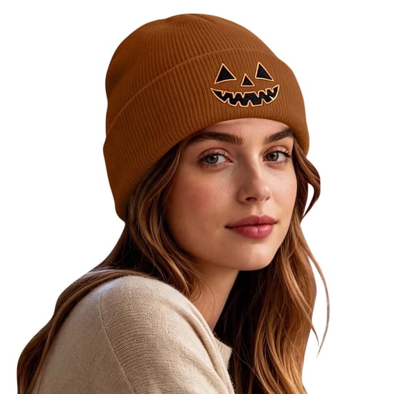 SYMOID Unisex Cuffed Ribbed Knit Beanie with Embroidered Pumpkin O'Lantern - Winter Hat, Brown Hats,Size Free Size