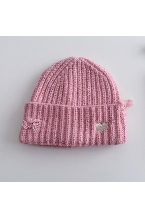 Unisex Embroidered Heart Knitted Cotton Beanie - Cuffed with Fringed Accents, One Size Fits Most Pink Casual Winter Hat,Size Free Size
