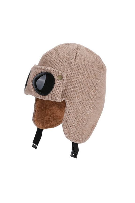 Unisex Kids Ski Snow Hat - Coffee Aviator-Inspired Pilot Hat, Fleece Lined Knit Winter Hat with Ear Flaps & Goggle Accents (6-13 Years),Size 6-13 T
