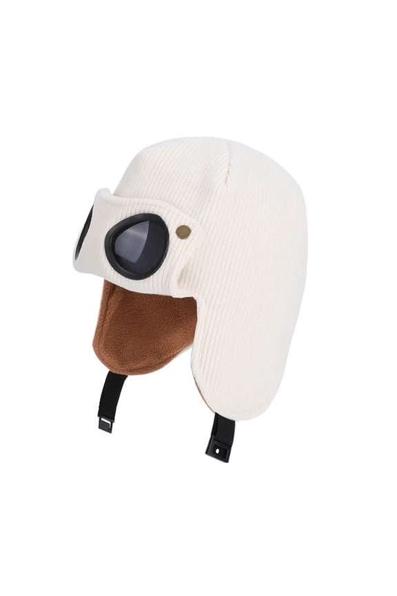 Unisex Kids White Winter Hat - Pilot Aviator-Style, Fleece Lined Knit Ski Snow Hat with Ear Flaps & Goggle Accents (6-13 Years),Size 6-13 T