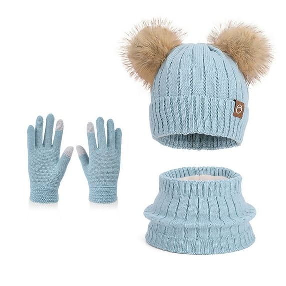 SYMOID Unisex Kids Winter Knit Accessory Set - Light Blue Beanie, Neck Gaiter & Touchscreen Gloves, Warm Windproof, Fits 3-10 Years Old, Cold Weather Essential,Size Free Size