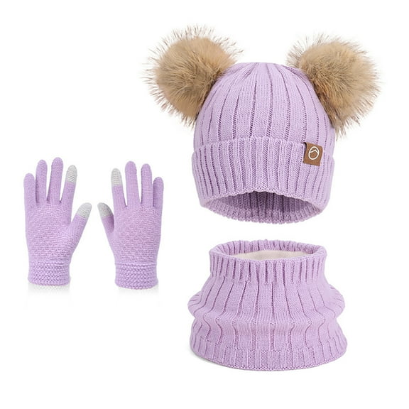 SYMOID Unisex Kids Winter Knit Accessory Set - Purple Beanie, Neck Gaiter & Touchscreen Gloves, Warm Windproof, Fits 3-10 Years Old, Cold Weather Essential,Size Free Size