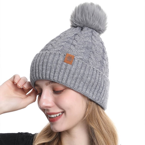 SYMOID Warm Winter Beanie for Women, Cable Knit Cuffed Hat with Faux Faux Fur Pom Pom Hats,Size Free Size