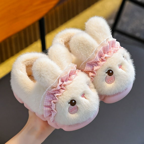 SYMOID White Bunny Pl-Sh Slippers for Girls & Women, Closed-Toe Fluffy indoor House Shoes, 100% Polyester Adorable Ra-It Style,Size 35