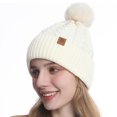 thumbnail image 1 of SYMOID White Winter Hat for Women, Cable Knit Cuffed Beanie with Faux Faux Fur Pom Pom Hats,Size Free Size, 1 of 4