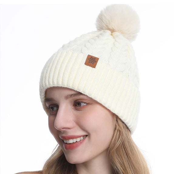 SYMOID White Winter Hat for Women, Cable Knit Cuffed Beanie with Faux Faux Fur Pom Pom Hats,Size Free Size