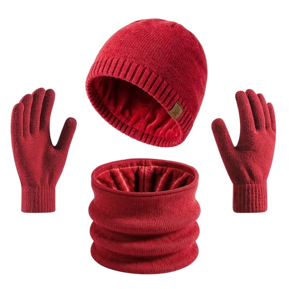 SYMOID Windproof Winter Beanie Hat, Neck Gaiter & Touchscreen Gloves Set, 100% Wool Fleece Lined, Unisex 3-Piece, Red,Size Free Size