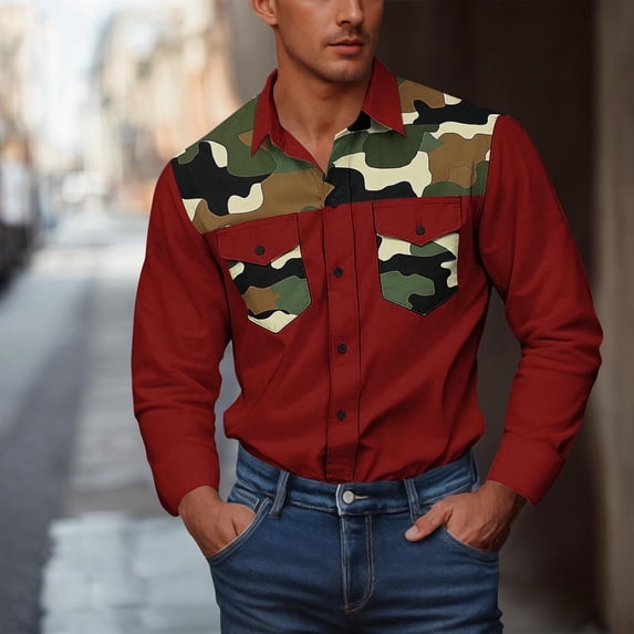 SYMOID Wine Camo Mens Long Sleeve Button Down Shirt - Polyester Spandex Blend, Chest Pockets, Wrinkle-Resistant for Casual & Outdoor Wear,Size XL