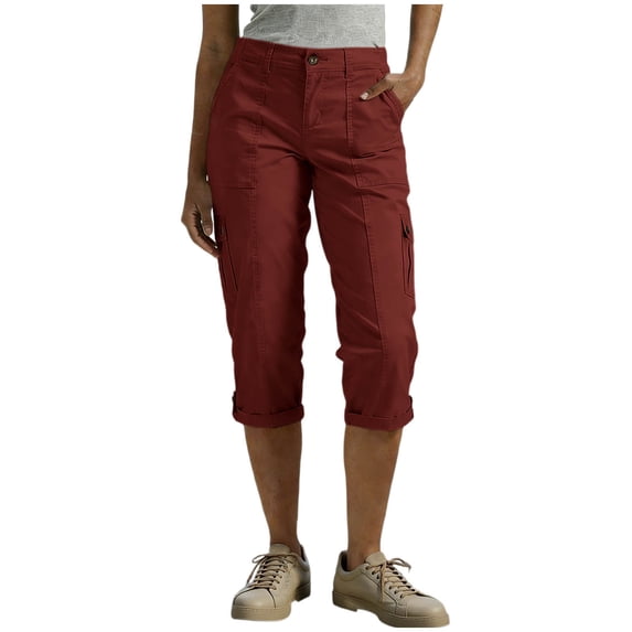 SYMOID Wine Red Cargo Capris for Women Casual Pants with Multiple Pockets Mid Rise Relaxed Fit Lightweight Polyester Travel S-XXL,Size S