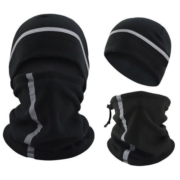 SYMOID Winter Beanie & Neck Gaiter Set, 2-Piece Thermal Fleece Hat for Men & Women, Reflective Strip,Size Free Size