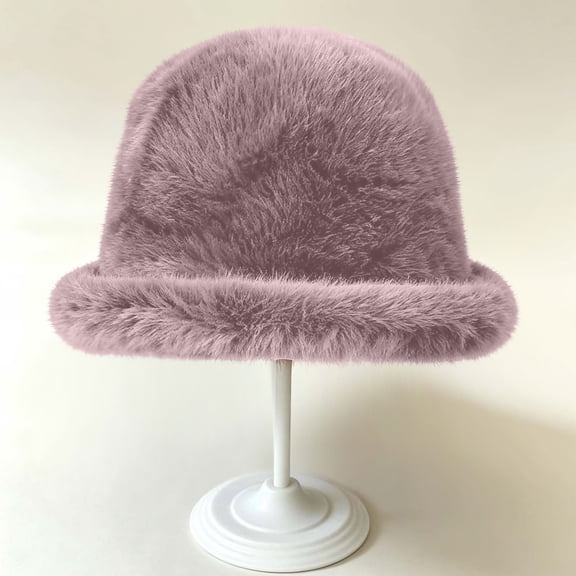 SYMOID Winter Faux Faux Fur Bucket Hat for Women - Cozy Cloche with Rolled Brim, Pink Hats,Size Free Size