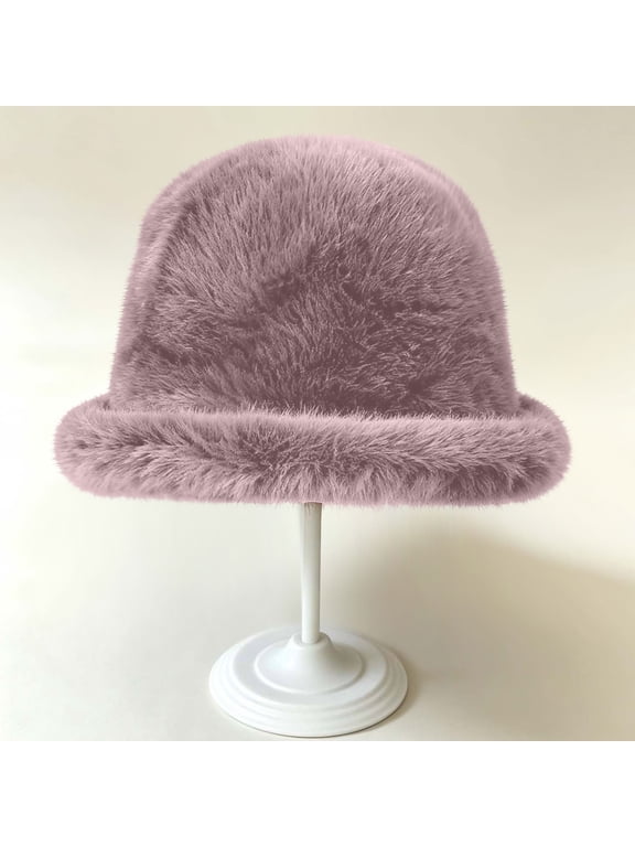 Winter Faux Faux Fur Bucket Hat for Women - Cozy Cloche with Rolled Brim, Pink Hats,Size Free Size