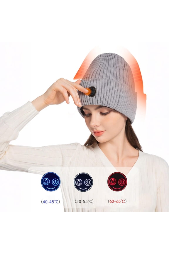 Winter Heated Knit Beanie - Women and Men Gray Polyester Hat with 3-Level Temperature Control, One Size Fits Most for Outdoor Skiing Commuting Cold Weather,Size Free Size