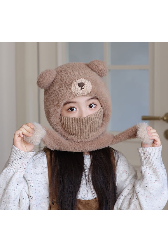 Winter Warm Coffee Acrylic Plush Combo - Unisex Cute Bear 3-in-1 Hat Scarf Mask with 3D Ears, Cold Weather Accessory for Adults,Size Free Size