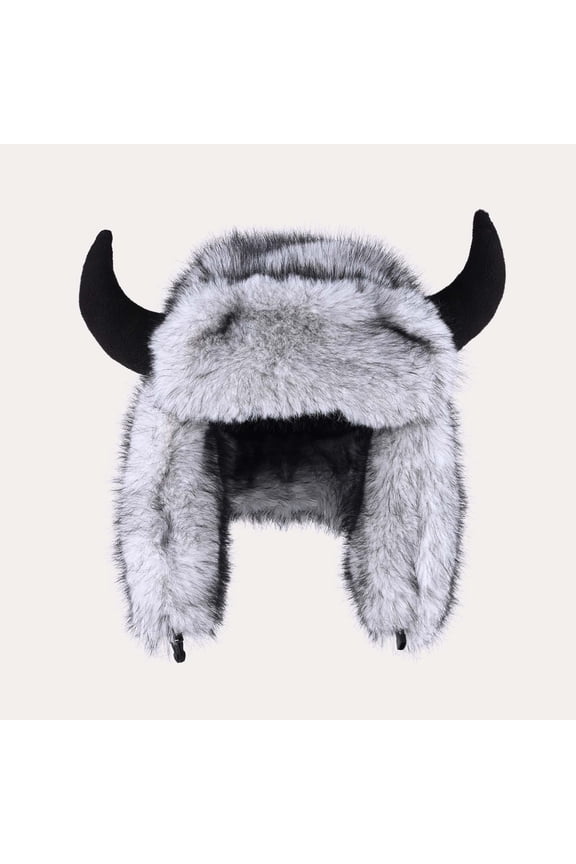 Winter Warm Faux Faux Fur Trapper Hat - Viking-Inspired Beige Women and Men Hat with Soft Horns, One Size Fits Most for Cold Weather,Size Free Size