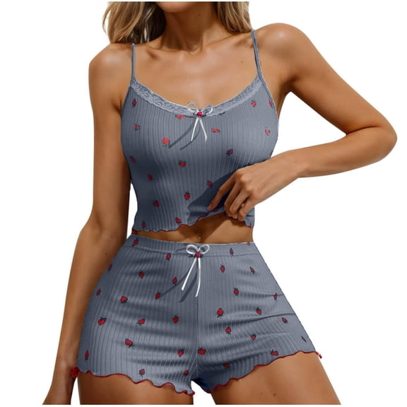 SYMOID Women Blue Strawberry Print Pajama Set 2 Piece Cami Sleepwear with Shorts Polyester High Waist Adjustable Straps,Size M