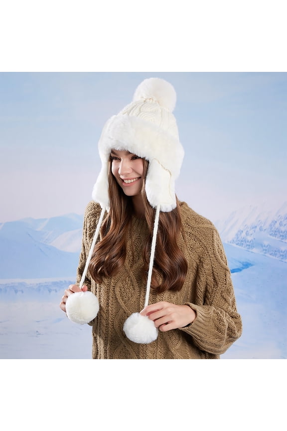 Women and Men Beige Winter Trapper Hat - Warm Nylon Spandex Hat with Faux Faux Fur Ear Flaps, Cable Knit & Pom Pom for Cold Weather Outdoor,Size Free Size