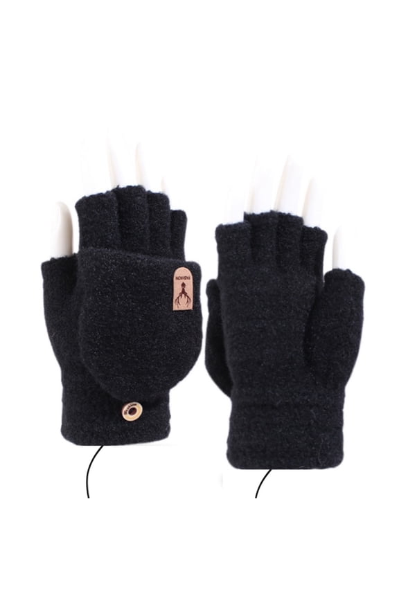 Women and Men Convertible Acrylic Winter Gloves - Flip Top Fingerless to Full Finger, Warm for Typing & Commuting, Ribbed Cuff, Black, One Size Fits All,Size Free Size