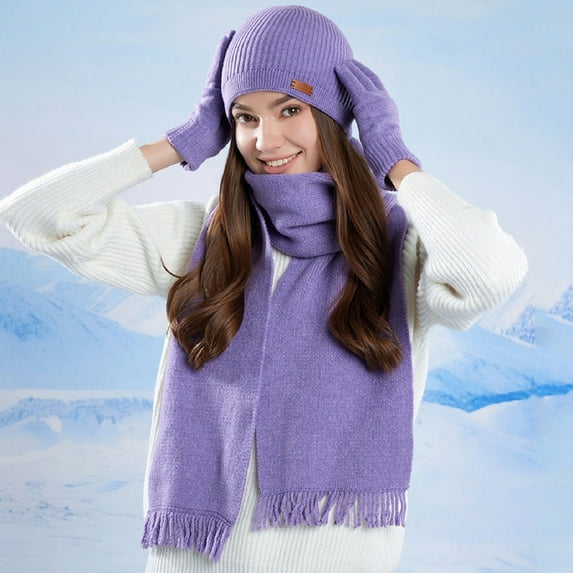 SYMOID Women and Men Purple Winter 3-Piece Hat Scarf Gloves Set - Warm Nylon Spandex, Touchscreen Compatible, Free Size, Classic Knitted for Daily Commute & Outdoor Use,Size Free Size