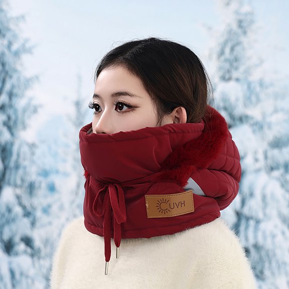 SYMOID Women and Men Red Winter All-in-One Neck Gaiter & Hat - Face Cover, Faux Faux Fur Lined, Windproof with Reflective Strip & Adjustable Drawstring,Size Free Size