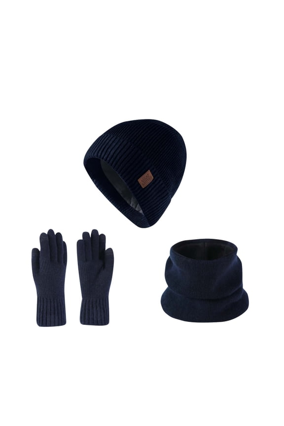 Women and Men Thermal 3-Piece Winter Accessories Set - Fleece Lined Beanie, Neck Warmer & Gloves, Ribbed Knit, Navy, One Size Fits All,Size Free Size