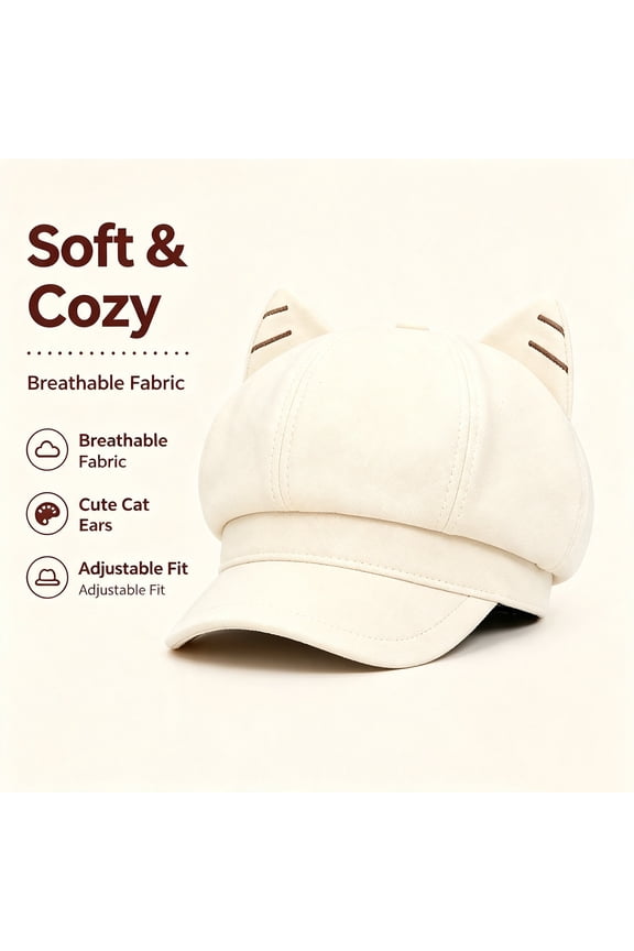 Women Newsboy Cap Cat Ear Beret Hat White Adjustable Retro Cap for Women Hats,Size Free Size