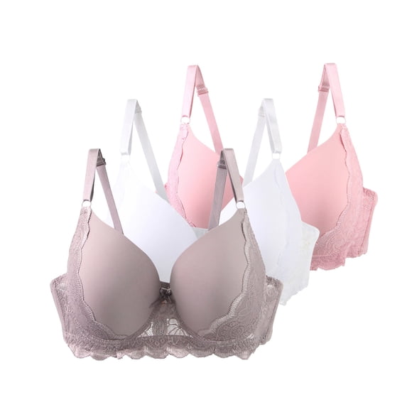 SYMOID Women's 90C Plus Size Bras, 3 Pack - Comfortable, Supportive, Lace Trim, Molded Cups, Adjustable Straps, Pink