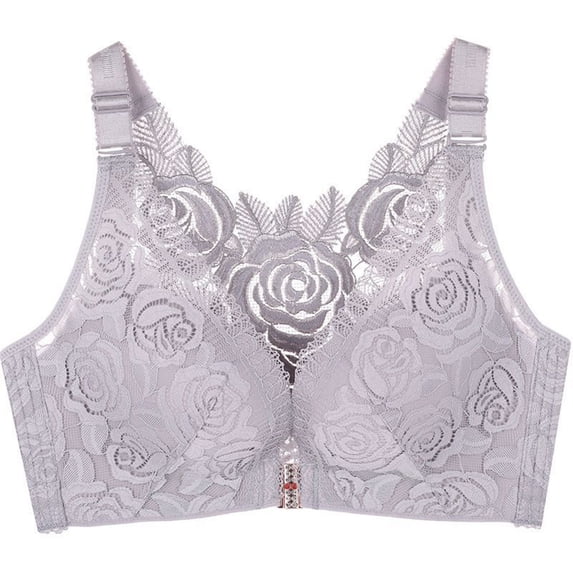 SYMOID Women's Lace Bra - Front Closure, Wide Straps, Comfortable Nylon-Spandex Blend, Gray, Size M - Everyday Support