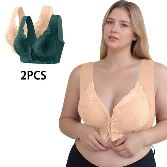 SYMOID Women's Plus Size 2XL Bra - Front Closure 2 Pack, Beige Lace Wireless, Wide Straps for Support, Nursing & Post-Surgery Friendly