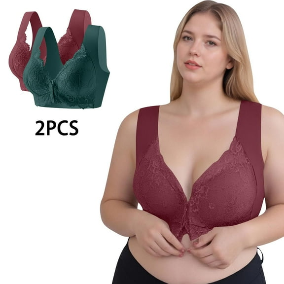 SYMOID Women's Plus Size 3XL Wine 2 Pack Front Closure Wireless Lace Bra - Ideal for Nursing, Post-Surgery & Daily Comfort