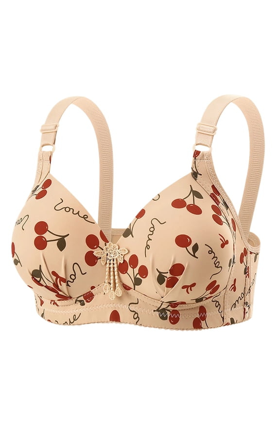 Women"s Plus Size Wireless Seamless Bra - Triangle Push Up Cherry Print Comfort Bra, Adjustable Straps, Beige, Sizes 38 40 42 44,Size 44