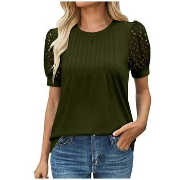 SYMOID Women’s Puff Sleeve Top with Lace Trim – Sweetheart Round Neck Loose Fit Blouse for Spring & Summer,Army Green,Size M