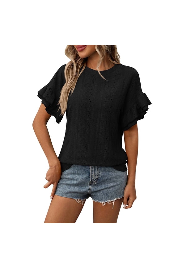 Women’s Ruffle Sleeve Top with Lace Details – Sweetheart Campus Blouse for Spring & Summer,Black,Size M