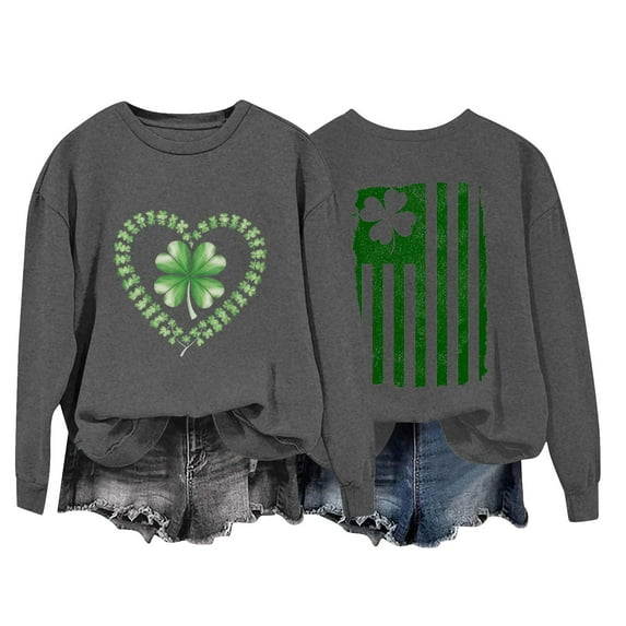 SYMOID Women's Shamrock Printed Crew Neck Sweatshirts - St. Patrick's Day Tops for Juniors Girls,Gray