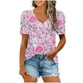thumbnail image 1 of SYMOID Women's Top Shirts for Work 2025 Summer V-Neck Puff Short Sleeve Blouses Tops for Women,Pink,Size S, 1 of 5