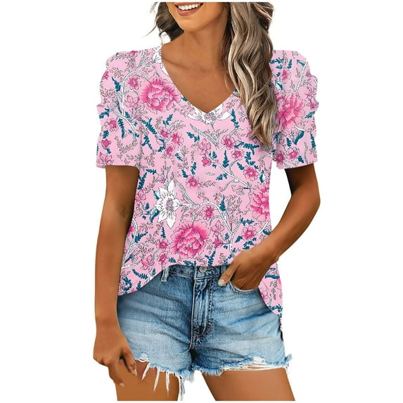 SYMOID Women's Top Shirts for Work 2025 Summer V-Neck Puff Short Sleeve Blouses Tops for Women,Pink,Size S
