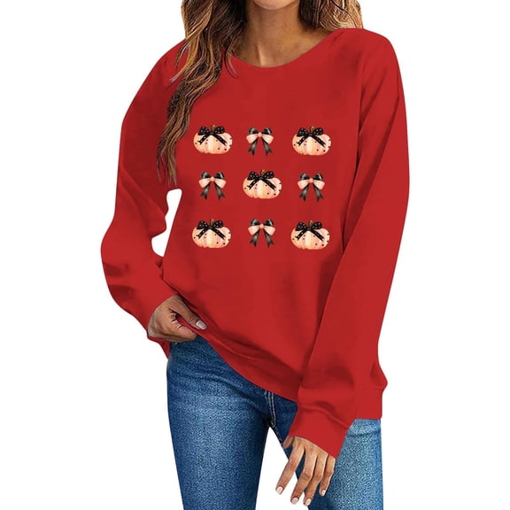 SYMOID Womens 100% Cotton Hall-oween Sweatshirt, Crew Neck Long Sleeve with Pumpkin Bow Print, Red, S-XXL,Size 2XL